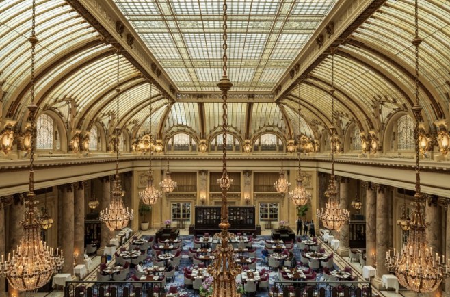 The Garden Court at the Palace Hotel, San Francisco, under its stained-glass ceiling