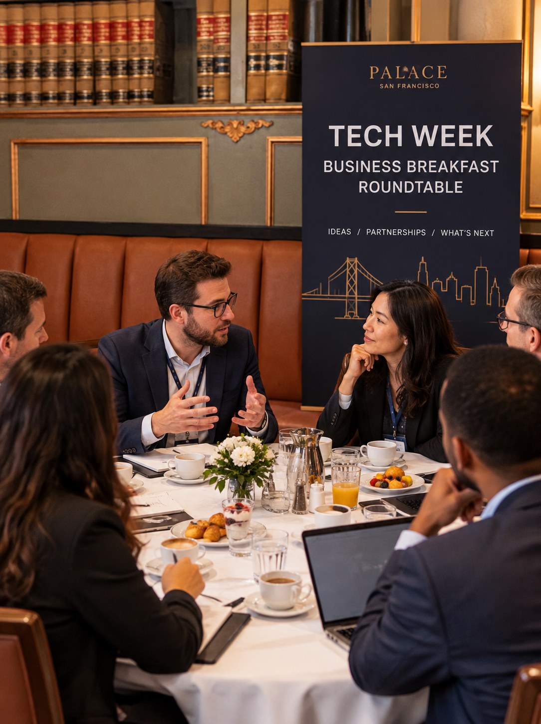 A business breakfast roundtable in session during Tech Week at the Palace Hotel